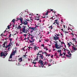 Jennifer Lopez (JLO) Floral Blouse Size 2X Pink Blue White Flowy Casual Chic EUC